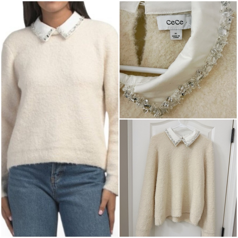 NWT elegant CeCe Cream Jeweled-Collar Fuzzy Crewneck Sweater
